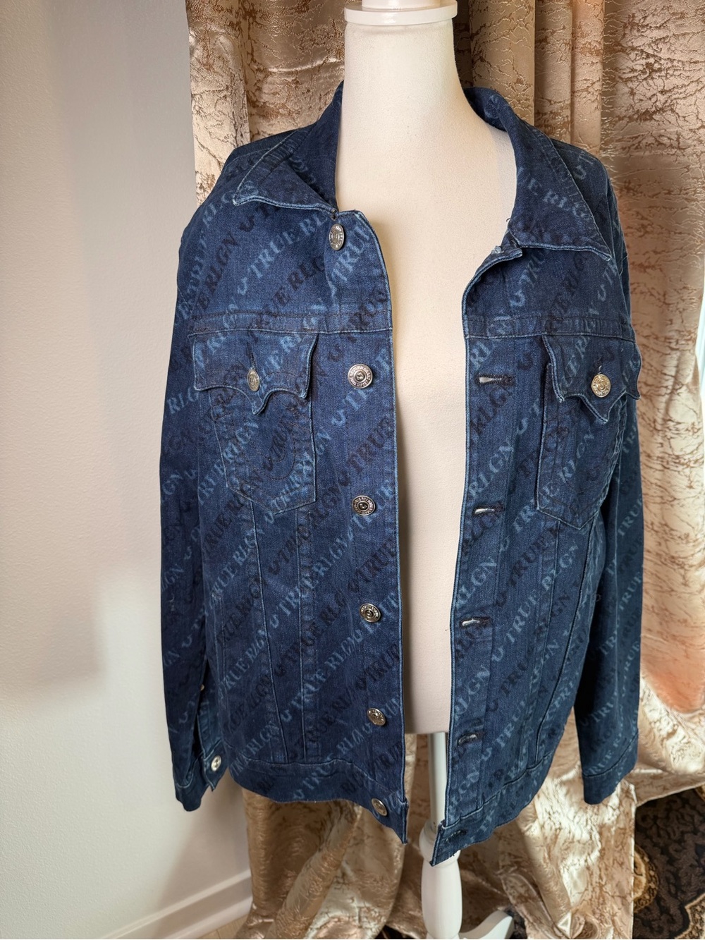 True Religion Trucker Jacket SN Monogram XXL GGMH Channel Blue NWT Denim